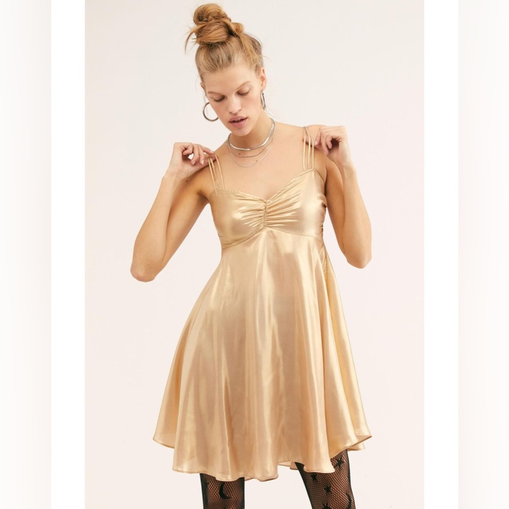 NWT! Free People Just Dance Babydoll Slip Mini Dress Metallic Gold